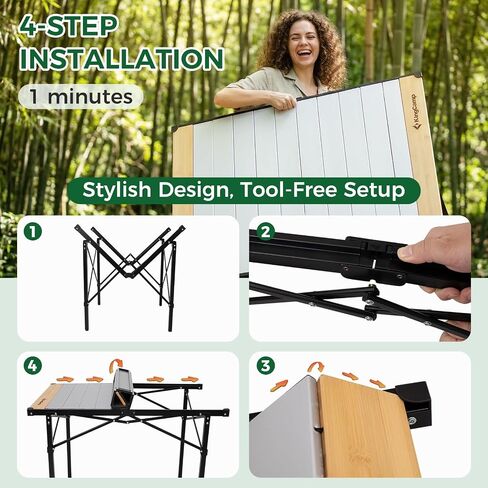 KingCamp 53.5" Bamboo Aluminum Camping Table, 265 LBS Roll-Up Table in Kuwait