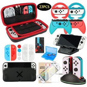 Accessories Bundle Pack for Nintendo Switch OLED Model(2021), Family Party Kit with Carrying Case, Joy Con Charging Dock, Grips, Covers, Steering Wheels, Mount, Screen Protectors, Caps(23 in 1) in Kuwait