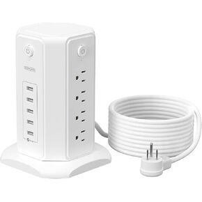 Surge Protector Tower Power Strip 15 ft, NTONPOWER Multiple Outlets Extension Cord with 8 Outlets 5 USB Charging Station, Individual Switch, Flat Plug, Circuit Breaker for Home Office Dorm Room White in Kuwait