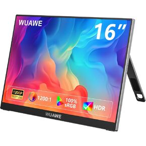 WUAWE Portable Monitor 16" 1920x1200P 16:10 IPS Travel Monitor for Laptop with Built-in Stand, 100% sRGB Control USB-C HDMI,HDR Freesync Display, Plug&Play for Phone PS5 Switch(Black) in Kuwait