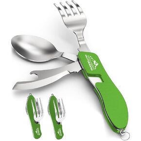 2Pcs Camping Flatware Foldable Utensils Detachable Portable and Versatile Stainless Steel Knife Fork Spoon and Bottle Opener Compact Outdoors Cutlery Pocket Knife Style - 2/pk (Green) in Kuwait