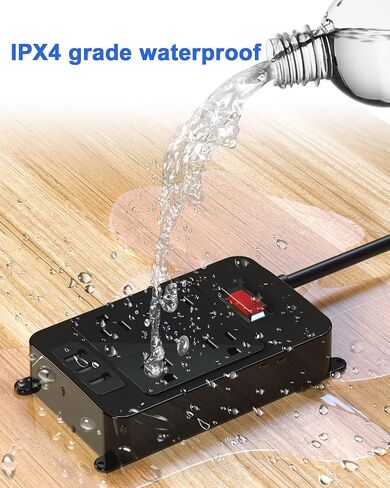 Outlet Extender, Waterproof Surge Protector Power Strip 6 Ft Cord, Outdoor Extension Cord with Multiple Outlets, Shockproof Overload Protection Black (Black-4AC-3A) in Kuwait