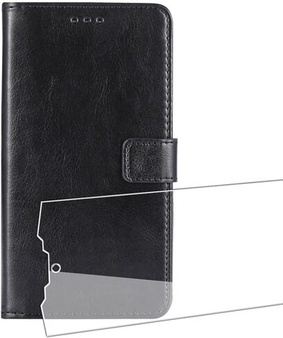 for Blackview Xplore 1 Case Magnetic Leather + 1 Pcs Screen Protector Tempered Glass - Flip Leather Shockproof Credit Card Holder Stand Cell Accessories (Black) in Saudi Arabia