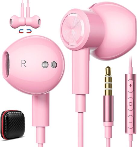 Jelanry Wired Earbuds 3. 5mm Headphones with Microphone Volume Control Pink in Saudi Arabia