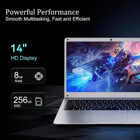JUSTTHINK 14" Laptop Computer, Intel Celeron N3350 Processor, 8GB RAM 256GB SSD, 1366x768 HD Display, Windows 11, Silver Notebook for Student & Business in Kuwait