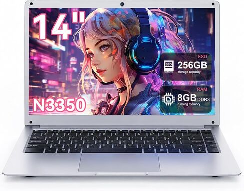 JUSTTHINK 14" Laptop Computer, Intel Celeron N3350 Processor, 8GB RAM 256GB SSD, 1366x768 HD Display, Windows 11, Silver Notebook for Student & Business in Kuwait