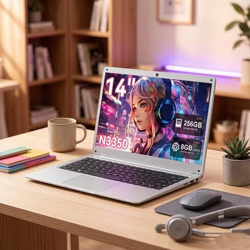 JUSTTHINK 14" Laptop Computer, Intel Celeron N3350 Processor, 8GB RAM 256GB SSD, 1366x768 HD Display, Windows 11, Silver Notebook for Student & Business in Kuwait