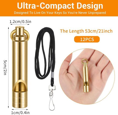 12 Pack Brass Emergency Whistles with Tangle-Free Lanyard - Pealess Safety Whistle Survival Loud Blast for Kayak Life Vest, Boating, Camping Hiking, Hunting, Emergency Whistle for Hiking, Survival in Kuwait