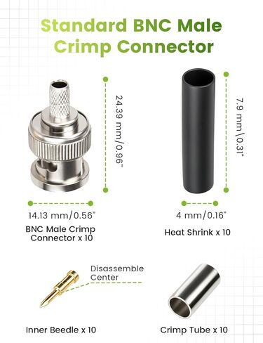 Anina 10-Pack BNC Male Crimp Connectors for RG58 RG142 LMR195 with Heat Shrink Tubing, Professional RF Adapter Kit for CB Radio, Security Camera, Test Equipment in Kuwait