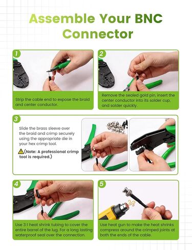 Anina 10-Pack BNC Male Crimp Connectors for RG58 RG142 LMR195 with Heat Shrink Tubing, Professional RF Adapter Kit for CB Radio, Security Camera, Test Equipment in Kuwait