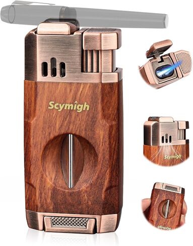 Dual Flame Jet Torch Lighter with V-Notch Tool and Holder, Refillable Butane, Adjustable Flame, Fuel Window, Compact Travel & Home Gift for Men in Kuwait