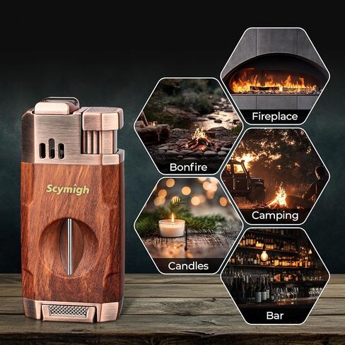 Dual Flame Jet Torch Lighter with V-Notch Tool and Holder, Refillable Butane, Adjustable Flame, Fuel Window, Compact Travel & Home Gift for Men in Kuwait
