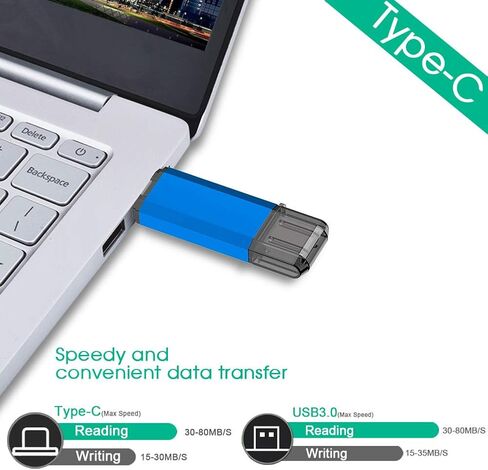 32GB USB Flash Drive, Dual USB Disk(USB-A 3.0/Type C 3.0), High Speed Thumb Drive USB Pen Stick for Type C Smartphones, Tablets, PC, New MacBook - Blue in Kuwait