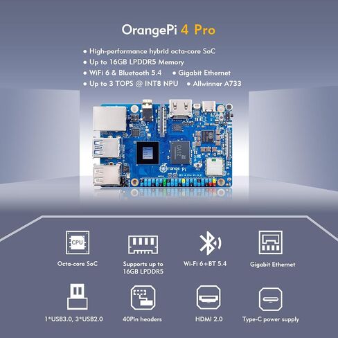 Orange Pi 4 Pro 4GB/6GB/8GB/12GB LPDDR5 Allwinner A733 3 Tops NPU 8-Core Single Board Computer with eMMC Socket, WiFi 6/Bluetooth 5.4, Development Board Run Ubuntu/Debian/Android (6GB) in Saudi Arabia