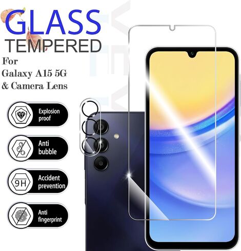 Galaxy A15 HD Clear Tempered Glass Screen Protector + Camera Lens Protectors, [2+2 Pack] [3D Glass] [Anti-Glare] [Bubble-Free] Screen Protector Glass For Samsung Galaxy A15 5G/4G in Kuwait