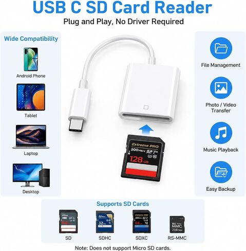 USB-C to SD Card Reader, Type-C SD Memory Card Reader Adapter, High Speed OTG Card Reader for iPhone 15/16, MacBook Pro/Air, iPad Pro/Air, Android Phones, Cameras, Plug and Play in Kuwait