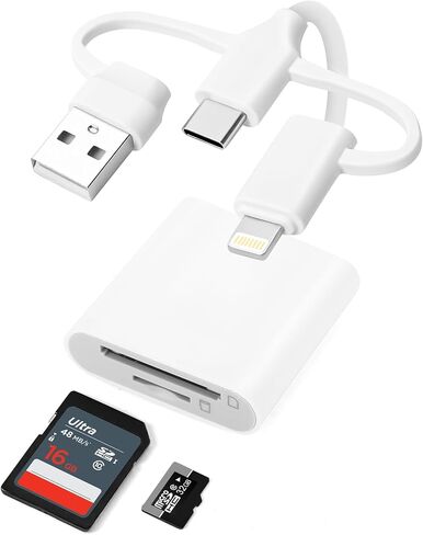 3 in 1 SD Card Reader, SD/TF Memory Card Adapter with Lightning USB A USB C Connector, Dual Slot Camera Card Reader for iPhone/iPad/MacBook/Samsung ang Android, Plug and Play Photo Video File Transfer in Kuwait