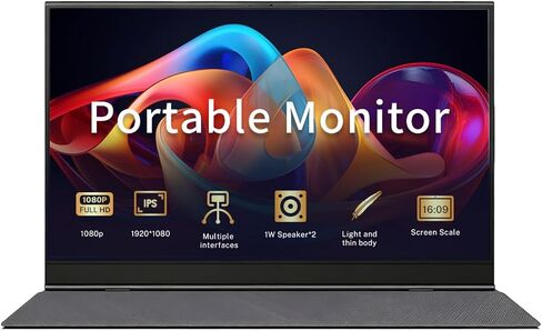 15.6 Inch Portable Monitor 1080P FHD IPS HDR Laptop Screen, 1.5lb Ultra Thin Travel Display, Dual USB-C & Mini HDMI, Magnetic PU Foldable Stand Case, Plug and Play for MacBook iPhone with two Speaker in Kuwait