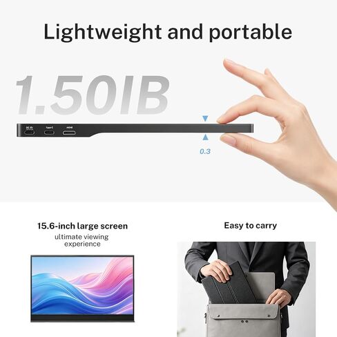 15.6 Inch Portable Monitor 1080P FHD IPS HDR Laptop Screen, 1.5lb Ultra Thin Travel Display, Dual USB-C & Mini HDMI, Magnetic PU Foldable Stand Case, Plug and Play for MacBook iPhone with two Speaker in Kuwait