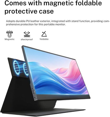 15.6 Inch Portable Monitor 1080P FHD IPS HDR Laptop Screen, 1.5lb Ultra Thin Travel Display, Dual USB-C & Mini HDMI, Magnetic PU Foldable Stand Case, Plug and Play for MacBook iPhone with two Speaker in Kuwait