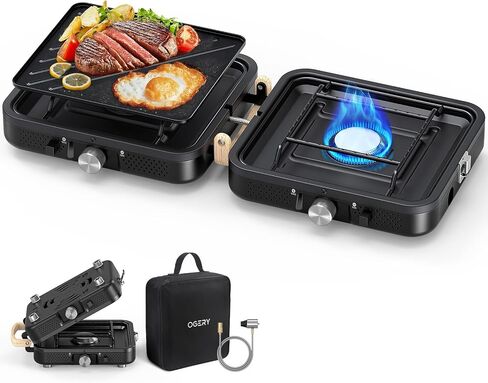 OGERY 2-Burner Foldable Camping Stove with Griddle (Textured & Smooth) and Carrying Bag, Portable Propane Camp Stove with 2 Adjustable Burners & Piezo Ignition, for Camping Tailgating Essentials Gear in Kuwait