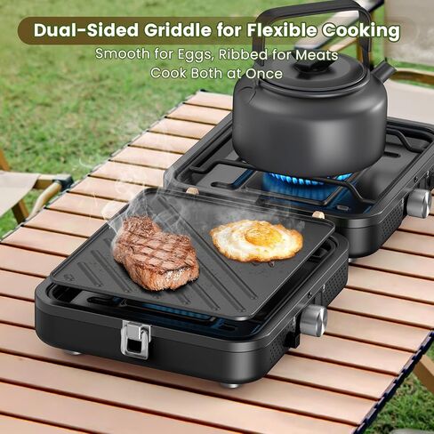 OGERY 2-Burner Foldable Camping Stove with Griddle (Textured & Smooth) and Carrying Bag, Portable Propane Camp Stove with 2 Adjustable Burners & Piezo Ignition, for Camping Tailgating Essentials Gear in Kuwait