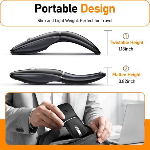 Bluetooth Travel Mouse, Foldable Rotatable Wireless, Black in Kuwait