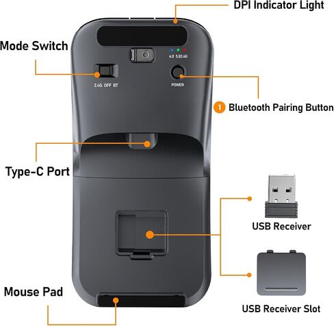 Bluetooth Travel Mouse, Foldable Rotatable Wireless, Black in Kuwait