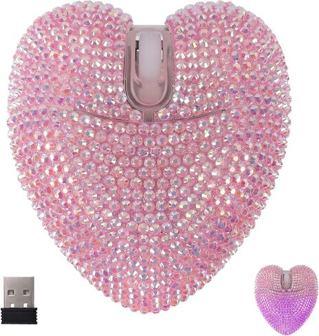 Wireless Mouse Bluetooth Cute Bling Crystal Rhinestone Pink Heart Shape Computer Mice with LED Light 2.4GHz & Bluetooth 1000DPI Rechargeable USB Cordless Mouse for Laptop PC Tablet Kids Adults Gift in Kuwait