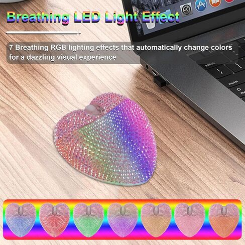 Wireless Mouse Bluetooth Cute Bling Crystal Rhinestone Pink Heart Shape Computer Mice with LED Light 2.4GHz & Bluetooth 1000DPI Rechargeable USB Cordless Mouse for Laptop PC Tablet Kids Adults Gift in Kuwait