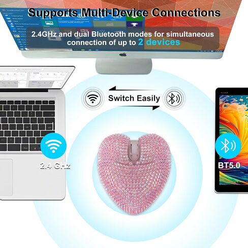 Wireless Mouse Bluetooth Cute Bling Crystal Rhinestone Pink Heart Shape Computer Mice with LED Light 2.4GHz & Bluetooth 1000DPI Rechargeable USB Cordless Mouse for Laptop PC Tablet Kids Adults Gift in Kuwait
