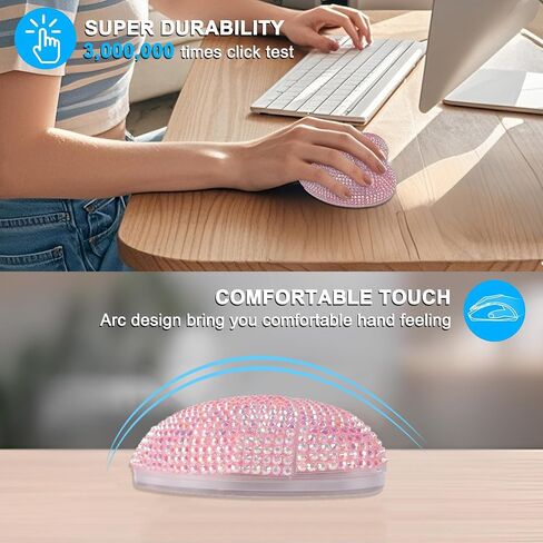 Wireless Mouse Bluetooth Cute Bling Crystal Rhinestone Pink Heart Shape Computer Mice with LED Light 2.4GHz & Bluetooth 1000DPI Rechargeable USB Cordless Mouse for Laptop PC Tablet Kids Adults Gift in Kuwait