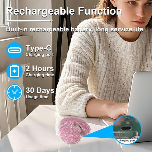 Wireless Mouse Bluetooth Cute Bling Crystal Rhinestone Pink Heart Shape Computer Mice with LED Light 2.4GHz & Bluetooth 1000DPI Rechargeable USB Cordless Mouse for Laptop PC Tablet Kids Adults Gift in Kuwait