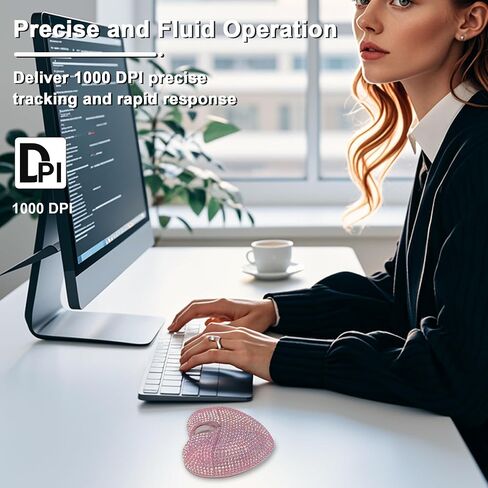Wireless Mouse Bluetooth Cute Bling Crystal Rhinestone Pink Heart Shape Computer Mice with LED Light 2.4GHz & Bluetooth 1000DPI Rechargeable USB Cordless Mouse for Laptop PC Tablet Kids Adults Gift in Kuwait