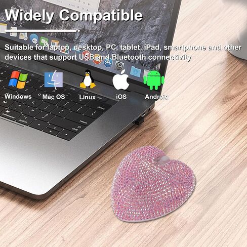 Wireless Mouse Bluetooth Cute Bling Crystal Rhinestone Pink Heart Shape Computer Mice with LED Light 2.4GHz & Bluetooth 1000DPI Rechargeable USB Cordless Mouse for Laptop PC Tablet Kids Adults Gift in Kuwait