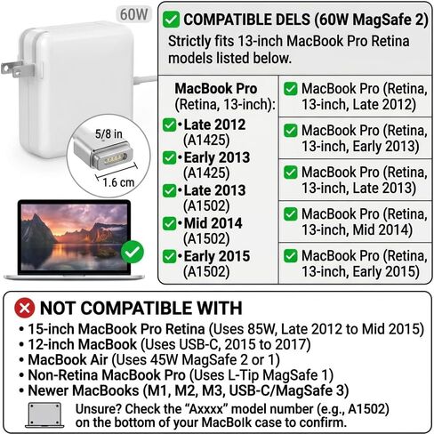 UL Certified 60W MacBook Pro Charger Replacement, MagSafe 2 Compatible with MacBook Pro 13 Inch Retina (2012-2015) & MacBook Air 11/13 Inch (2012-2017), A1425 A1435 A1465 A1466 A1502 in Kuwait