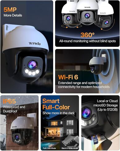 Tenda 5MP QHD Outdoor Pan/Tilt Wi-Fi Security Camera, 360° Full Coverage, Color Night Vision, AI Human/Vehicle/Motion Detection, 2-Way Talk, IP65, WiFi 6,24/7 Plug-in Guard for Your Yard (CH7 2.0) in Saudi Arabia