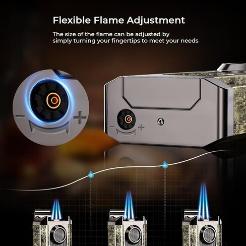 Triple Jet Windproof Refillable Torch Lighter with Holder, Adjustable Flame Control, Portable Butane Lighter with Fuel Window for Candle, Outdoor and Travel in Kuwait