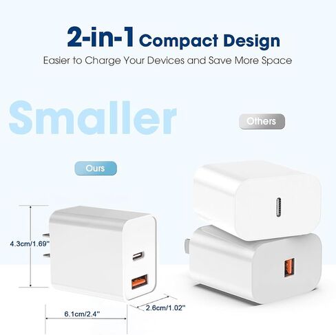 USB C Charger Block for iPhone,20W Dual Port Fast Wall Charger,USB C & USB A Power Adapter Type C Charging Brick Plug for iPhone Air/17 Pro Max/17e/16e/16 ProMax/16Plus/15/14/13/12/11,iPad Pro,AirPods in Saudi Arabia