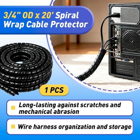 1 Pcs Spiral Wrap Cable Protector, 3/4" OD x 20' Pre‑Cut Hose Guard in Saudi Arabia