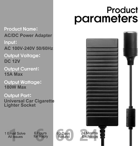 Ac to Dc 110V to 12V Converter,15A 180W, Cigarette Lighter Adapter to Wall Plug,12 Volt Dc Adapter for Car Tire Inflator, Compressor, Car Refrigerator, Car Vacuum, Cooler in Kuwait