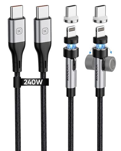 Kuulaa 240W Magnetic Phone Charger Cable 2-Pack [6ft/6ft], 2 in 1 7Pin Nylon Braided USB C Phone Charger, 540° Rotating Compatible with Type C, iProduct and Most Devices,2M+2M in Saudi Arabia