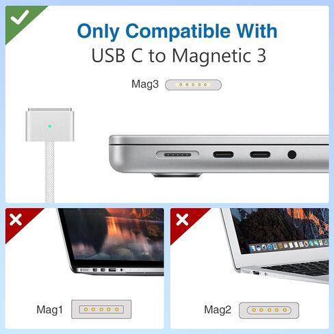 Qacxzer USB-C to Magnetic 3 Cable, 140W Magnetic Safe Charging Cable Compatible with MacBook Pro/Air & M1 M2 M3(Between 2021-2024 14"& 16 inch) - 6.6ft in Saudi Arabia