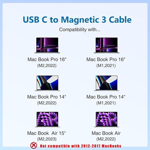 Qacxzer USB-C to Magnetic 3 Cable, 140W Magnetic Safe Charging Cable Compatible with MacBook Pro/Air & M1 M2 M3(Between 2021-2024 14"& 16 inch) - 6.6ft in Saudi Arabia