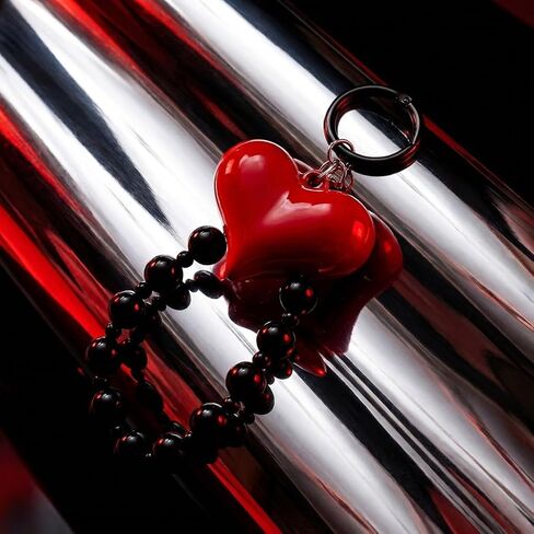 Black Bag Charms Red Heart Beaded for Purses Stylish Phone Lanyard Cellphone Chain Wristlet Purse Keychain Camera Wrist Strap for Women in Kuwait