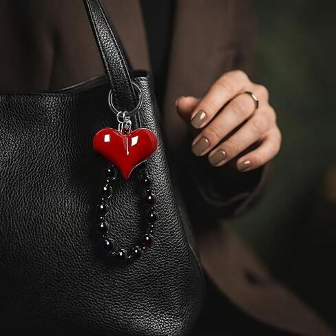 Black Bag Charms Red Heart Beaded for Purses Stylish Phone Lanyard Cellphone Chain Wristlet Purse Keychain Camera Wrist Strap for Women in Kuwait