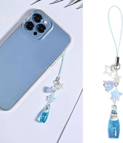 Crystal Bead Water Bottle Charm Pendant Keychain Star Flower Beaded Phone Lanyard Lightweight Backpack Pendant Keyring, Blue in Kuwait