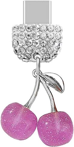 ELISE & FONDA TP924 Type-C Charging Port Crystal Anti Dust Plug Big 3D Cherry with Glitter Cell Phone Charm for iPhone 15/16/Samsung/OnePlus/Xiaomi/oppo Android Phones (Purple) in Kuwait