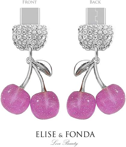 ELISE & FONDA TP924 Type-C Charging Port Crystal Anti Dust Plug Big 3D Cherry with Glitter Cell Phone Charm for iPhone 15/16/Samsung/OnePlus/Xiaomi/oppo Android Phones (Purple) in Kuwait