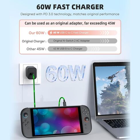 Charger for Nintendo Switch, 60W USB C Fast Charger with 6ft & 4ft Cables in Kuwait